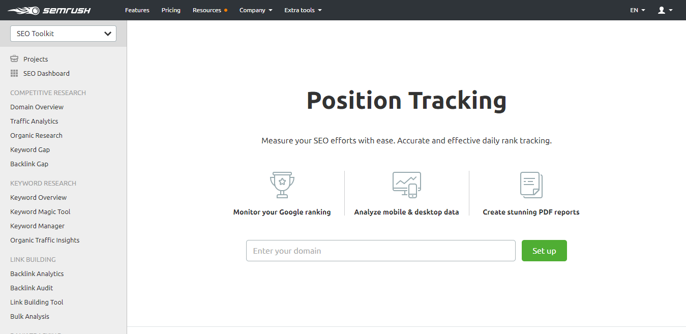 SEMrush Position Tracking Tool Screenshot