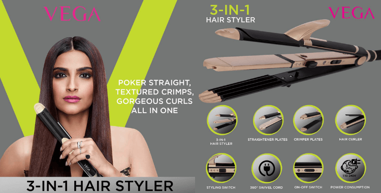 VEGA 3 in 1 Hair Styler - Straightener, Curler, and Crimper